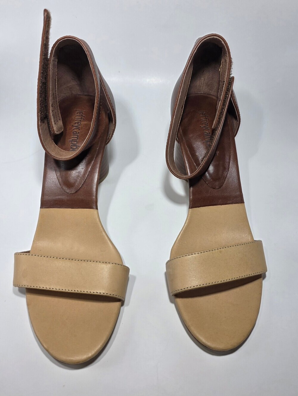 Jeffrey Campbell Leather Ankle Strap Block Heel Sandals Tan Brown Women's 8